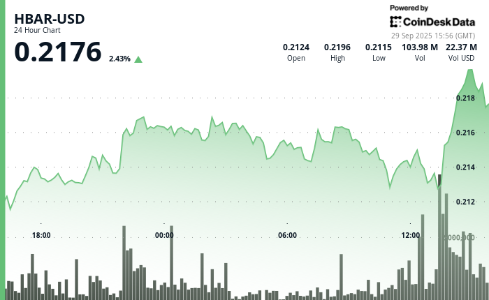 HBAR با حجم قوی صعود کرد، نزدیک $0.217 مقاومت را آزمایش می‌کند